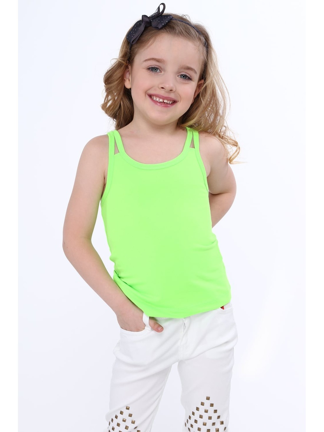 Tricou fete cu bretele duble verde fluo NDZ7772 - Magazin online - Boutique